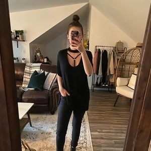 Black Tshirt with silver circle/faux collar detail